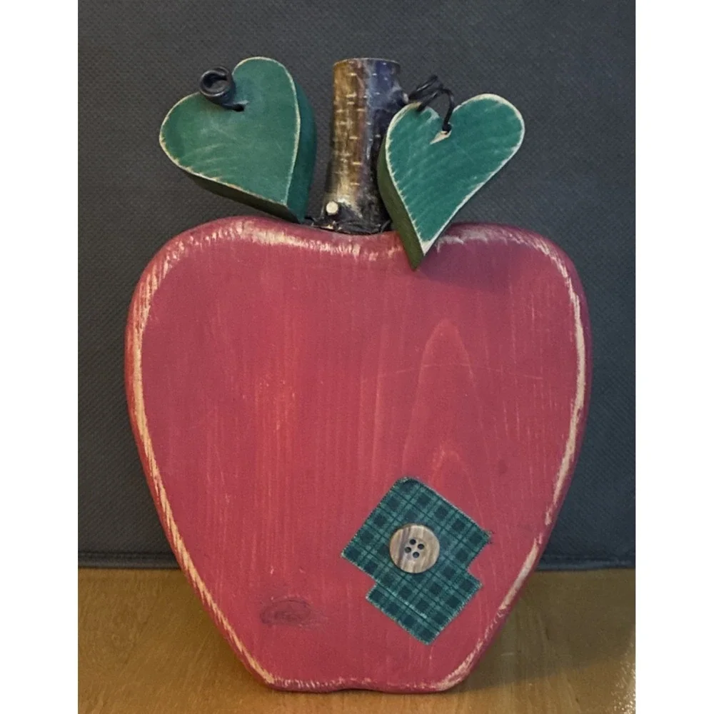 Wooden Decorative Apple with Green Heart Accents, 6 Inch CozyCore GrandmaCore